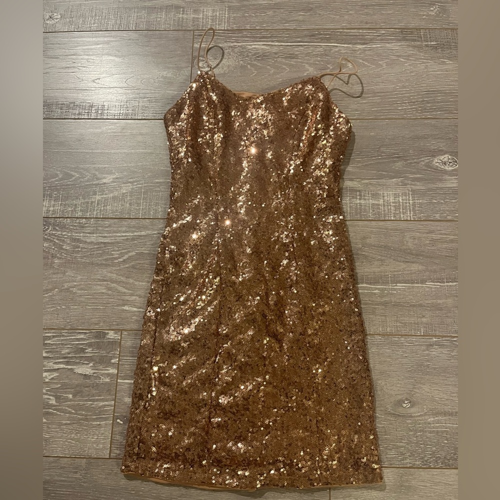 Small Lulu’s sequin champagne color formal dress